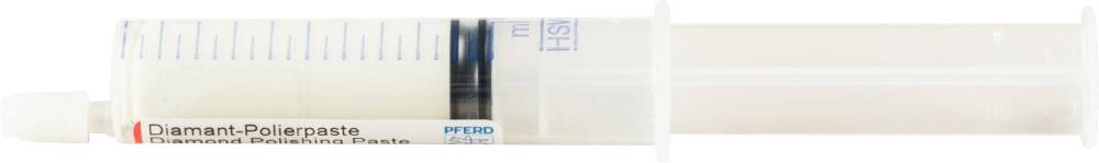 Une seringue contenant de la pâte de polissage au diamant, utilisée pour meuler ou polir des matériaux, montre une chambre partiellement remplie.