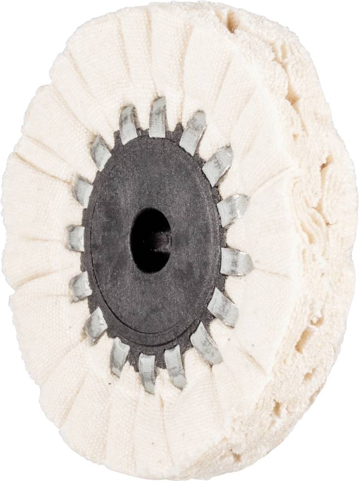 Embout de polissage à noyau en plastique noir et couches de tissu beige, destiné à être utilisé dans des machines-outils pour le traitement de surface.