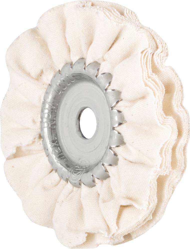 Un tampon de polissage circulaire avec un centre métallique et des couches de tissu souples et plissées, utilisé pour polir des surfaces.