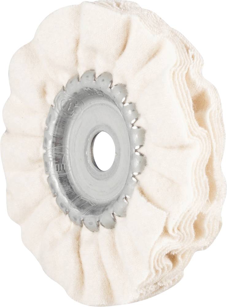 Une roue de polissage en tissu avec un moyeu métallique, utilisée pour lisser et polir les surfaces.