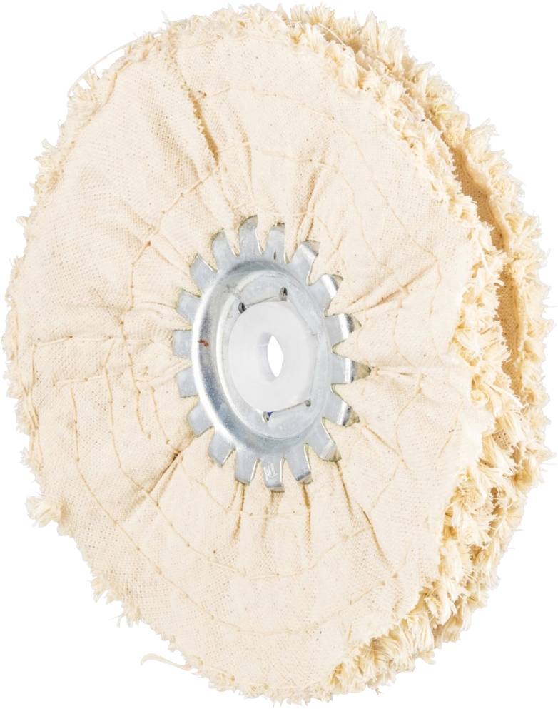 Disque de polissage en tissu composé de plusieurs couches de coton beige avec un noyau métallique, utilisé pour polir les surfaces métalliques.