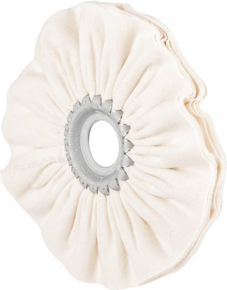 Disque de polissage beige clair avec des plis et un anneau métallique central, utilisé pour le traitement de surface et le polissage.