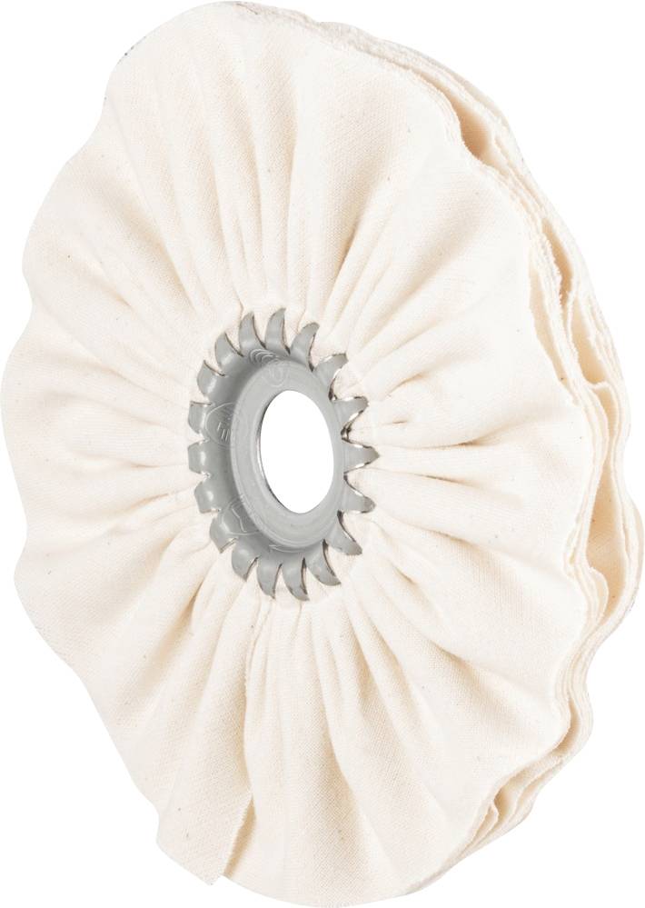 Un embout de polissage blanc, rond, avec un tissu plissé et un centre métallique. Principalement utilisé pour le polissage de surface.