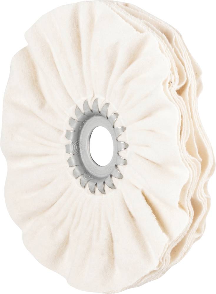 Disque de polissage beige avec centre métallique, adapté pour polir des métaux ou d'autres surfaces à l'aide d'appareils mécaniques.