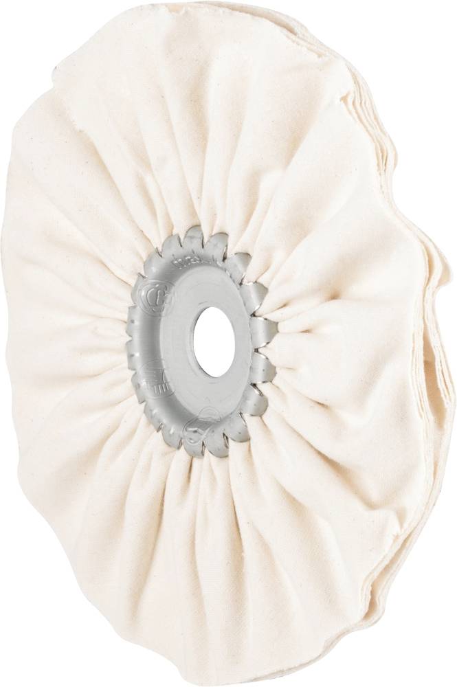 Disque de polissage en tissu beige avec anneau métallique central, adapté aux machines à polir pour le lissage de surfaces.