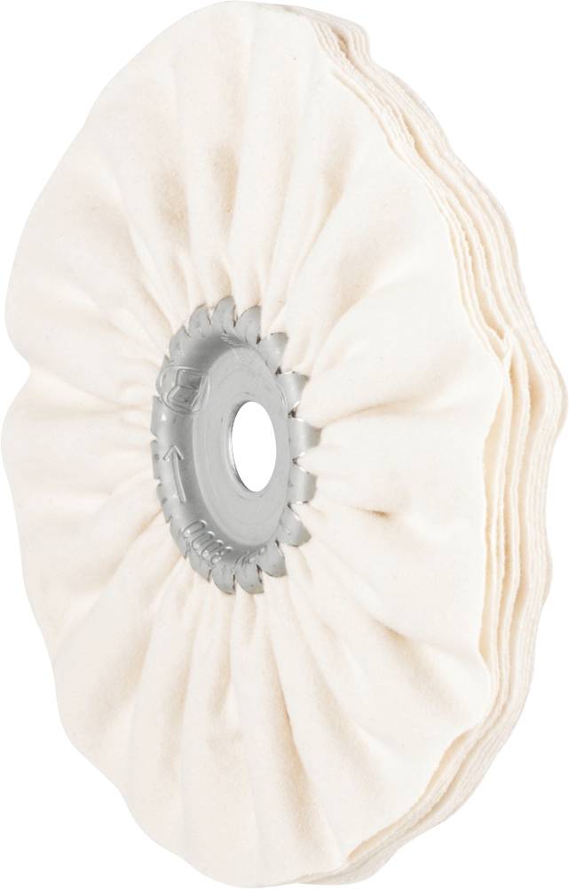 Disque de polissage blanc avec des couches de tissu et un centre en plastique gris, vue latérale.