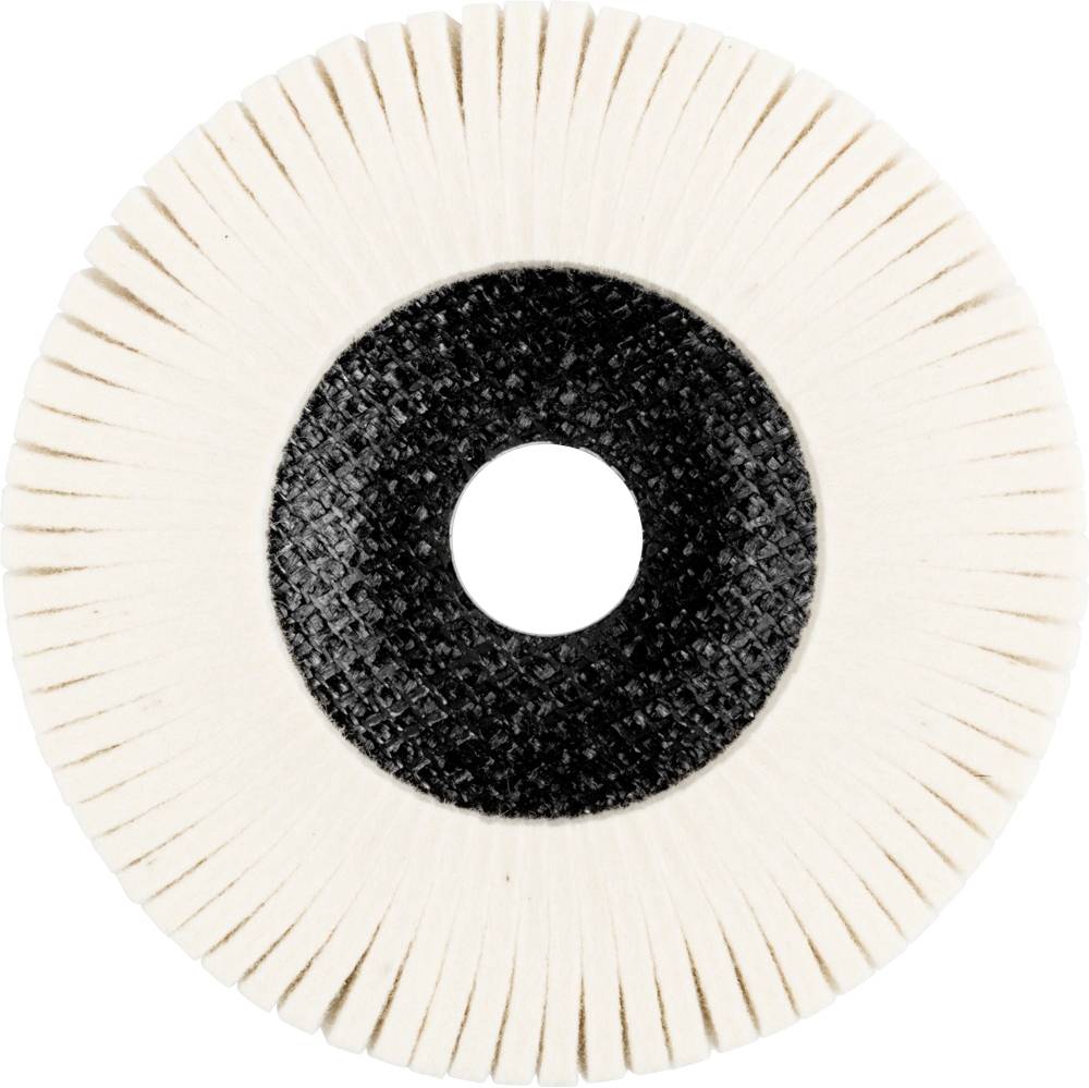 Disque de meulage rond avec des lamelles blanches et un cercle central noir, ressemblant à une roue dentée. Utilisé pour meuler ou polir.