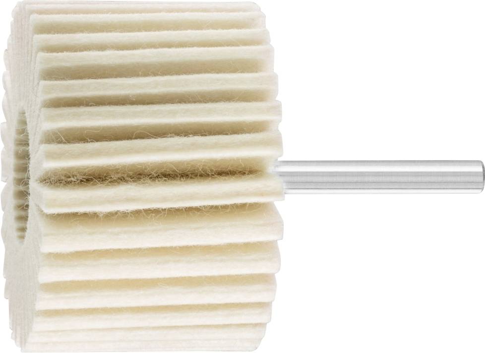 Un disque de feutre avec une tige métallique, utilisé pour le polissage. Il est composé de plusieurs couches de feutre blanc disposées radialement.