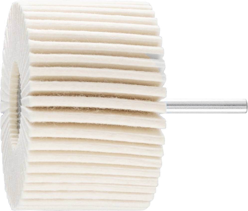 Un disque de polissage en feutre blanc avec des bords striés et une tige métallique, utilisé pour le polissage et le meulage précis.