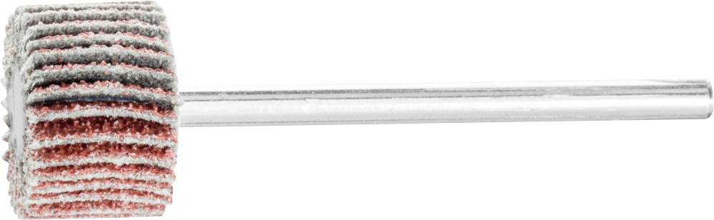 Outil de meulage avec tête de meulage cylindrique composée de disques abrasifs stratifiés sur un manche métallique pour le traitement des matériaux.