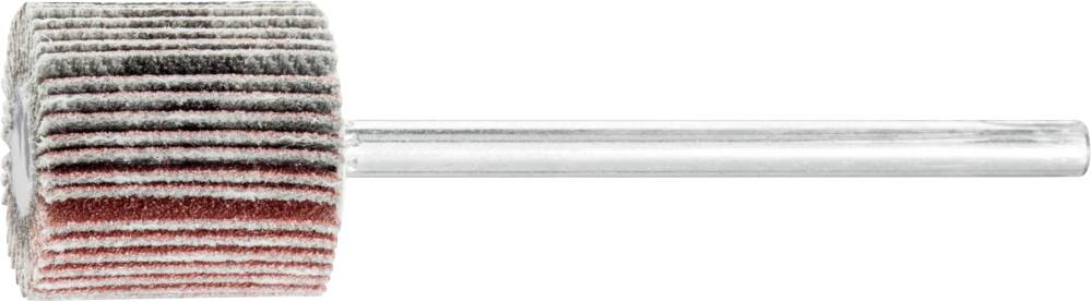 Accessoire de meulage à forme cylindrique et tige métallique, composé principalement de bandes grises et rouges, adapté aux perceuses.