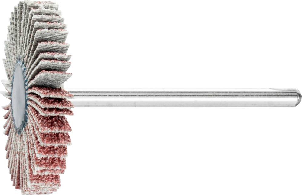 Un outil de ponçage composé de plusieurs couches de feuilles abrasives disposées radialement autour d'une tige centrale. Adapté pour le ponçage.