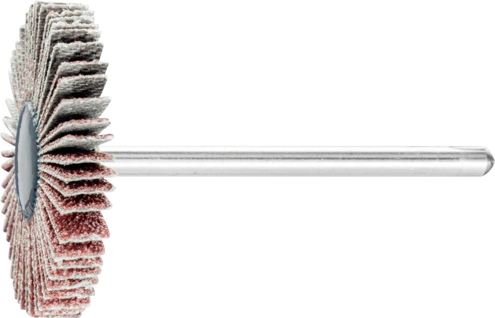 Un disque abrasif en forme d'éventail composé de plusieurs couches superposées, monté sur une tige métallique pour une utilisation dans des perceuses.