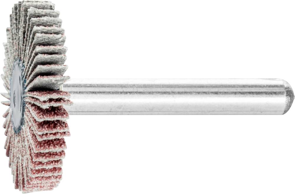 Sur l'image, on peut voir une brosse à lamelles avec un manche métallique et des feuilles abrasives disposées radialement.