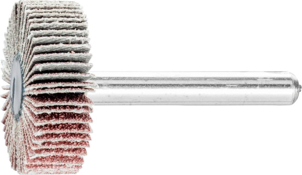 Un accessoire de meulage avec des lames abrasives disposées radialement, monté sur une tige métallique, est utilisé pour des finitions de précision.