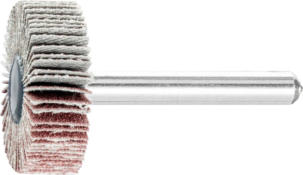 Un manchon abrasif à lamelles de papier de verre radiales monté sur une tige métallique, utilisé pour le ponçage de surface ou le polissage.