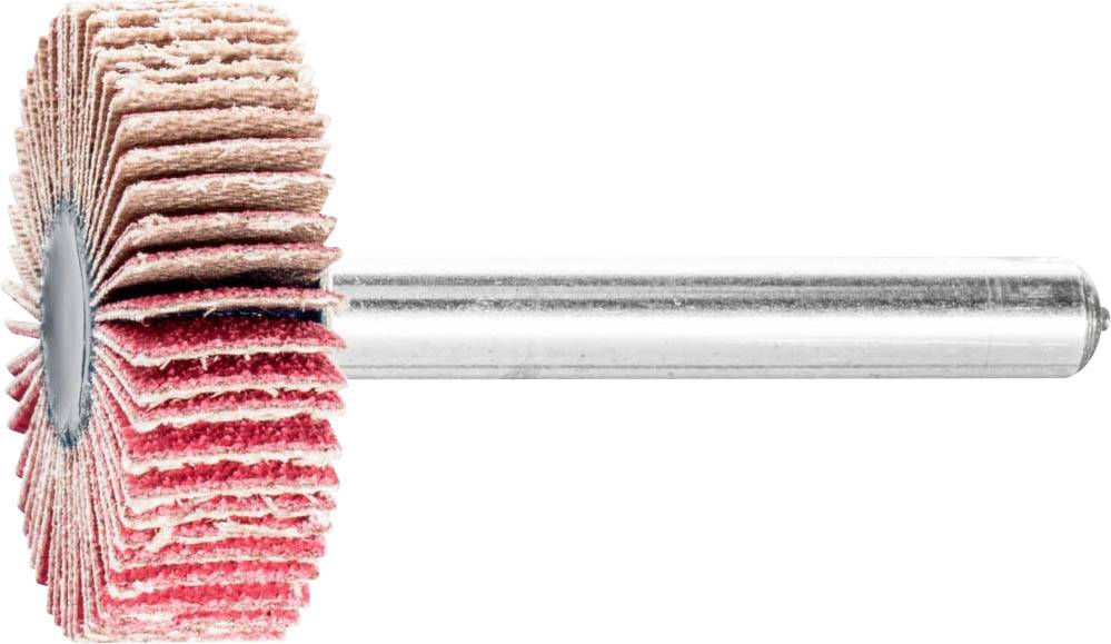 Brosse abrasive à lamelles rouge et blanc, fixée sur une tige métallique. Utilisée pour le ponçage de surfaces.