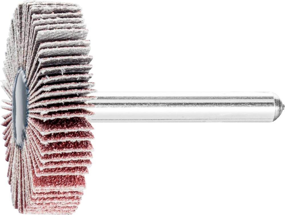 Un accessoire de ponçage à lamelles avec des feuilles de ponçage rouges sur un axe métallique, utilisé pour le ponçage et le polissage des surfaces.