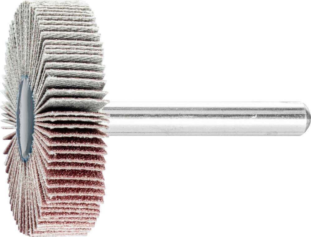 Outil de meulage avec des disques abrasifs en lamelles, montés sur une tige métallique. Adapté pour le ponçage et le polissage de surfaces.