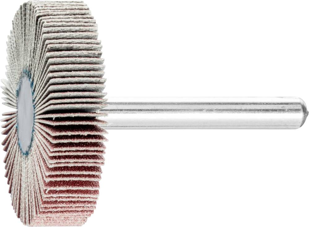 Accessoire de meulage à forme de roue, composé de feuilles de ponçage stratifiées, monté sur un axe central. Adapté pour les travaux de polissage.