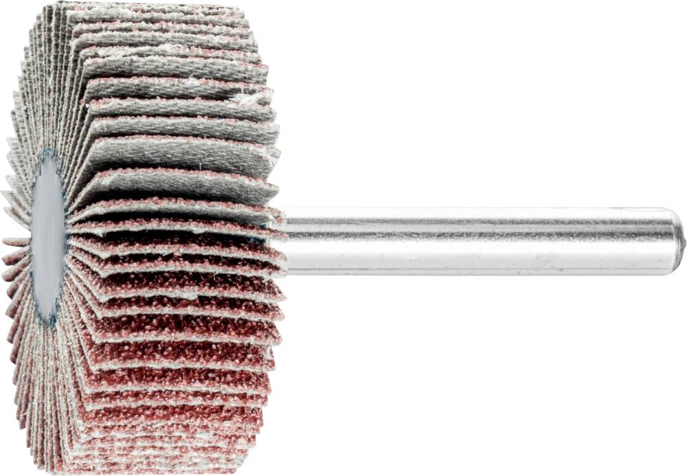 Un accessoire de meulage avec des lames abrasives disposées radialement sur une tige métallique, adapté aux travaux de précision et à la finition de surfaces.