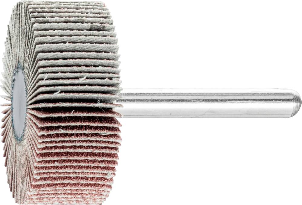 Un disque de ponçage équipé de nombreuses fines lamelles disposées radialement et d'une tige métallique de fixation, vu de côté.