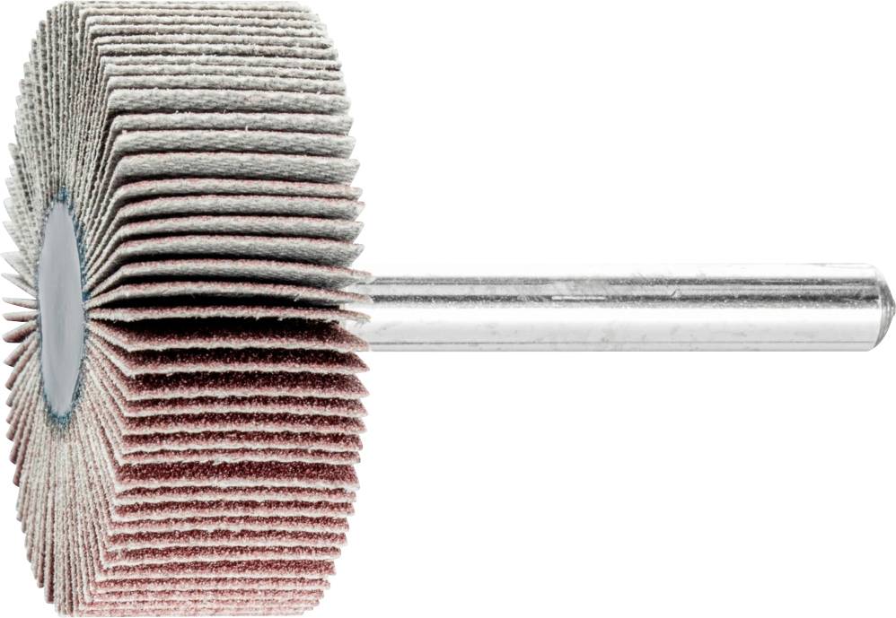 Un accessoire de ponçage composé de plusieurs lamelles abrasives fixées sur une tige métallique, utilisé pour polir ou poncer des surfaces.