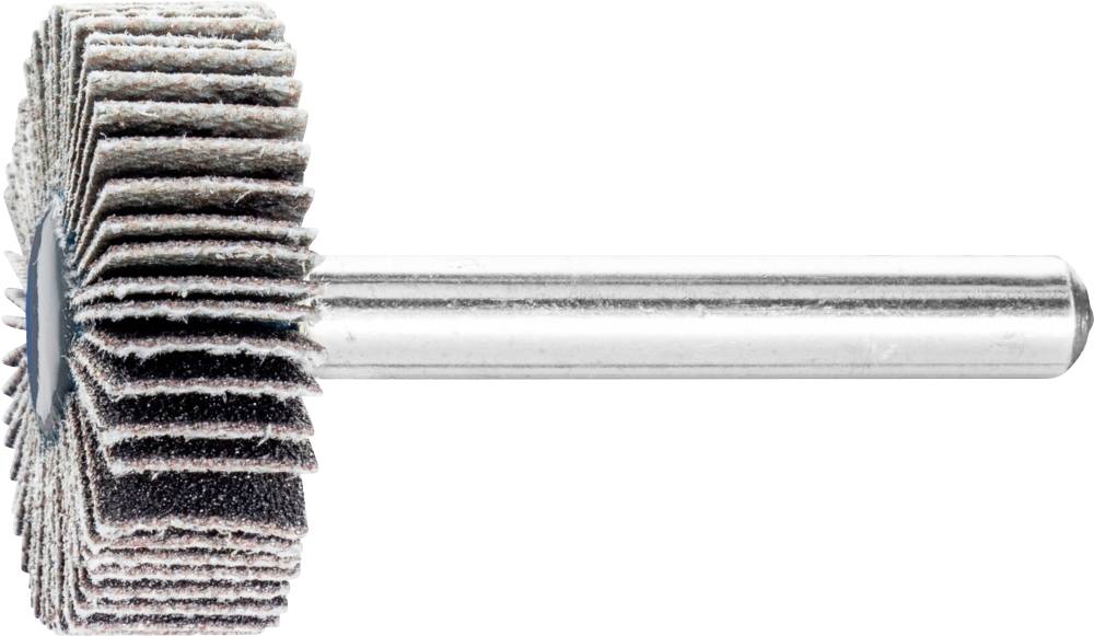 Combinaison d'abrasifs : Plusieurs disques abrasifs fixés en éventail sur une tige métallique, adapté pour le traitement de surface et le polissage.