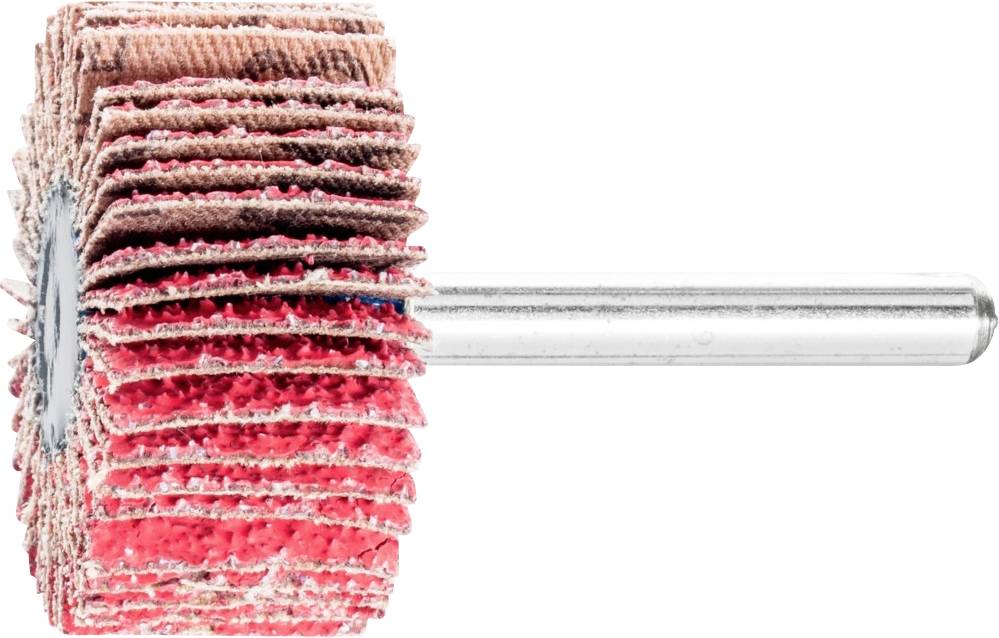 Un embout de polissage rouge et rose avec des disques empilables et une tige métallique, utilisé pour lisser et polir des matériaux.