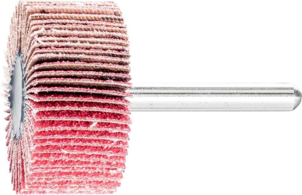 Un disque abrasif avec des lamelles de ponçage sur un axe métallique, principalement dans des tons de rouge, sur un fond blanc.