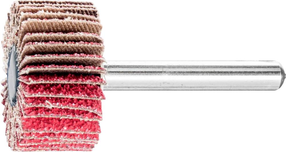 Rouleau de polissage avec plusieurs lamelles rouges et brunes sur un axe argenté. Utilisé pour les travaux de polissage et de meulage.