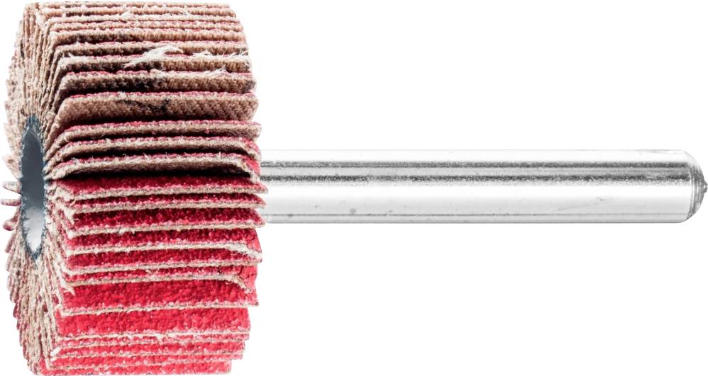 Un support de meulage avec des lamelles brun-rouge sur un arbre métallique. Souvent utilisé pour polir ou poncer des surfaces.