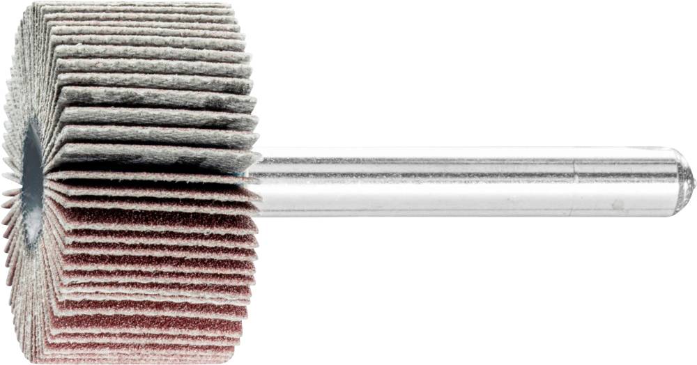 Un disque abrasif composé de plusieurs couches de fines bandes abrasives, disposées en éventail, fixées sur une tige métallique.