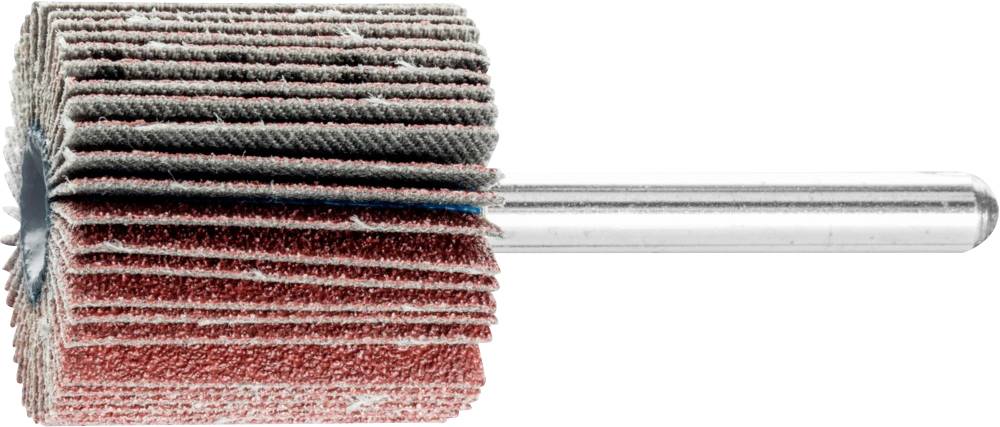 Cylindre de meulage avec des lamelles rouges et grises sur une tige métallique cylindrique, utilisé pour le meulage et le polissage de surfaces.