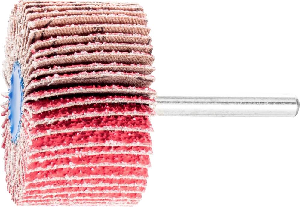 Tête de ponçage avec lamelles en papier abrasif rose, montée sur tige métallique. Utilisée pour le ponçage et le polissage de surfaces.