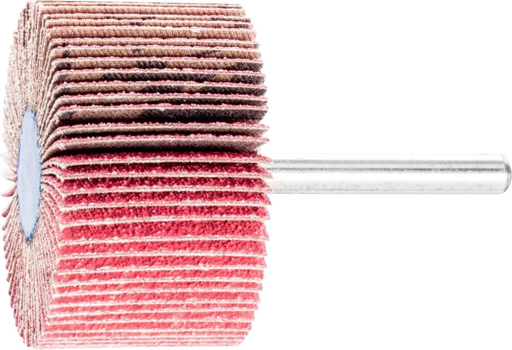 Un disque abrasif avec des lamelles rouge-brun sur un arbre métallique, conçu pour le meulage et le polissage précis dans des applications artisanales.