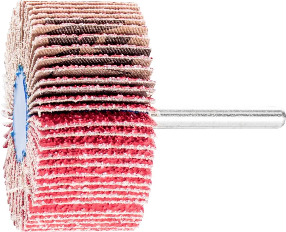 Un stylo abrasif en lamelles rouge-brun avec un manche métallique, principalement utilisé pour polir et meuler des matériaux.