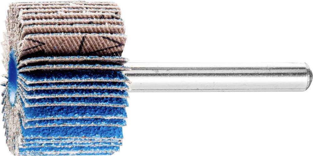 Rouleau de meulage avec lamelles éventées bleu et brun et une tige métallique.