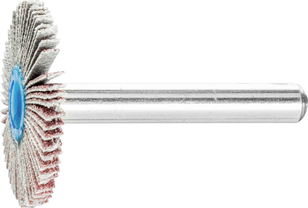 Disque de polissage avec tige métallique, vue de côté. Il est composé de plusieurs couches de tissu fixées à un centre bleu.