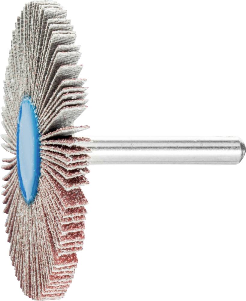 Une meule à lamelles avec un centre bleu et un manche métallique, vue de côté. Adaptée pour le meulage de surfaces.