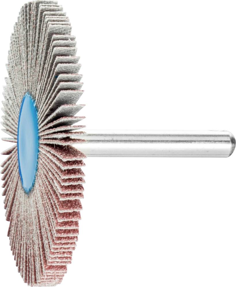 Un outil de meulage à éventail composé de nombreux disques de ponçage minces disposés en forme d'éventail sur une tige métallique pour le traitement de surface.