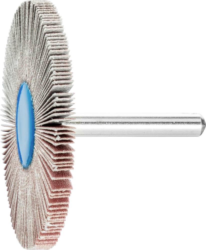 Disque abrasif à structure lamellaire sur un axe métallique, pour le meulage de surfaces, vue de côté.