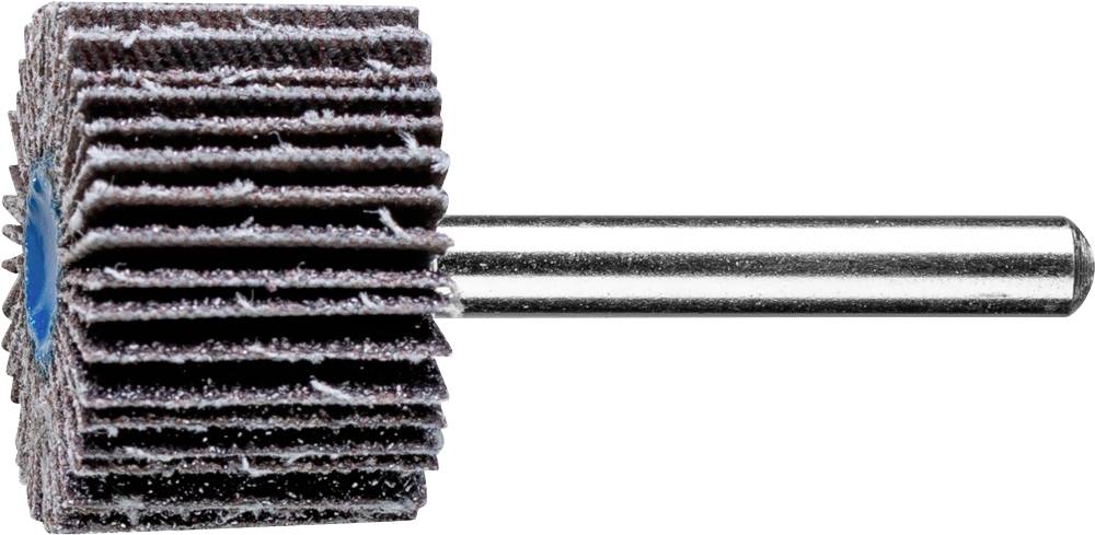 Un support de meulage avec des disques abrasifs empilés sur une tige métallique, utilisé pour le traitement de surface et l'enlèvement de matière.