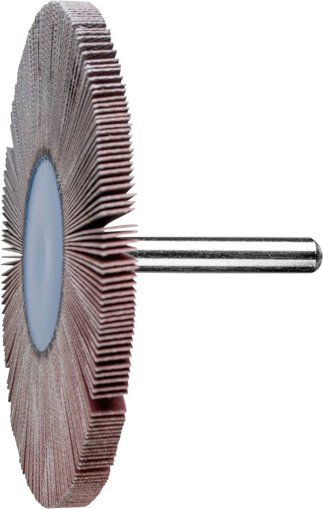 Outil de meulage composé de plusieurs disques abrasifs disposés en lamelles sur un axe métallique, vu de côté.