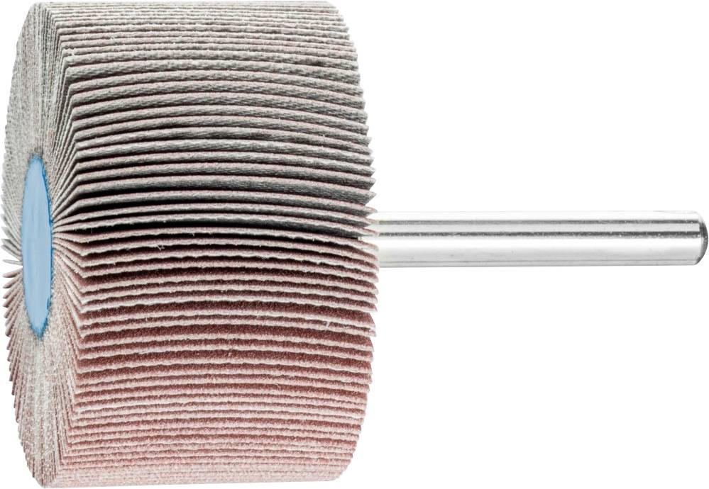 Tampon de ponçage avec de nombreuses feuilles abrasives disposées en éventail autour d'un cylindre, monté sur une tige métallique.