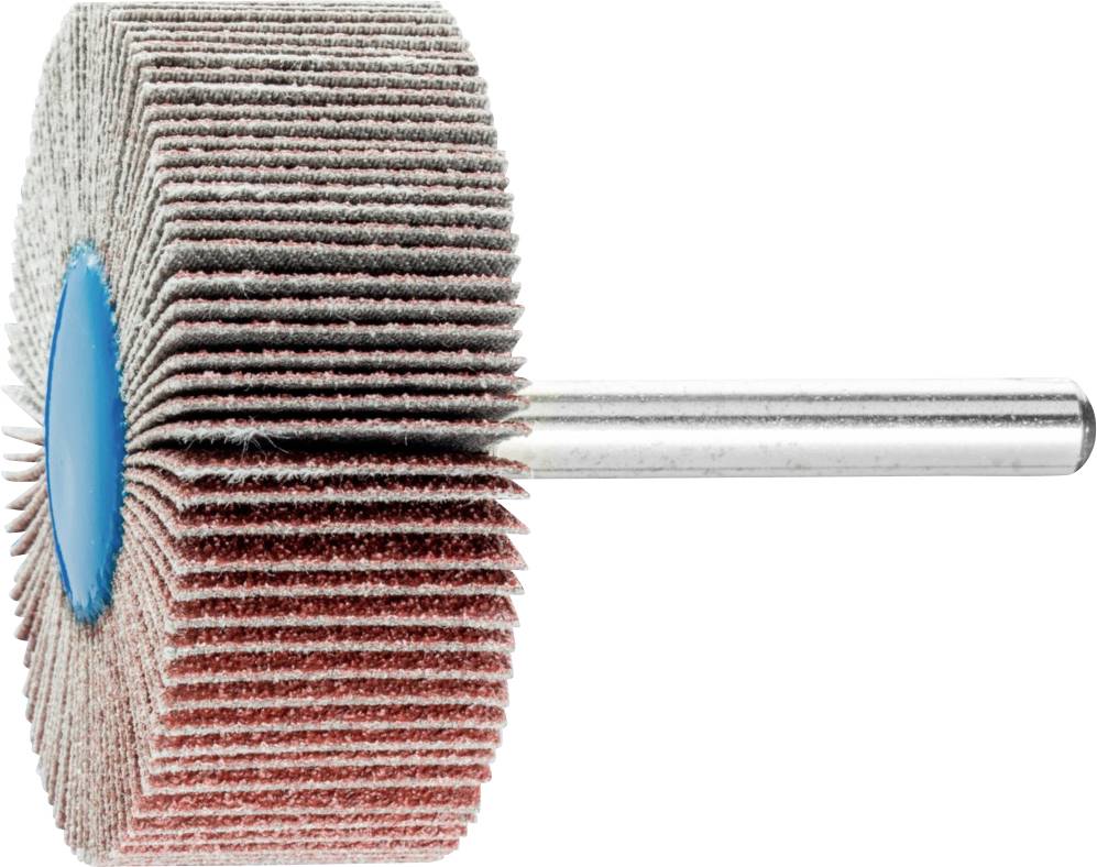 Disque à lamelles abrasives avec des lamelles distinctes visibles et un manche métallique, utilisé pour le meulage et le polissage de matériaux.