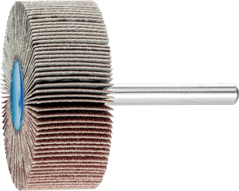 Roue à lamelles abrasives avec tige métallique, vue de côté. Adapté pour le meulage et le polissage de différents matériaux de surface.