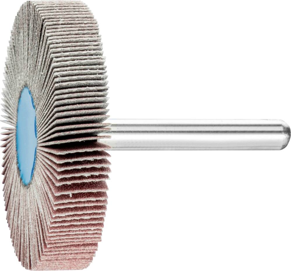 Disque abrasif à structure lamellaire et tige métallique de fixation, vu de côté. Utilisé pour le polissage ou le meulage.