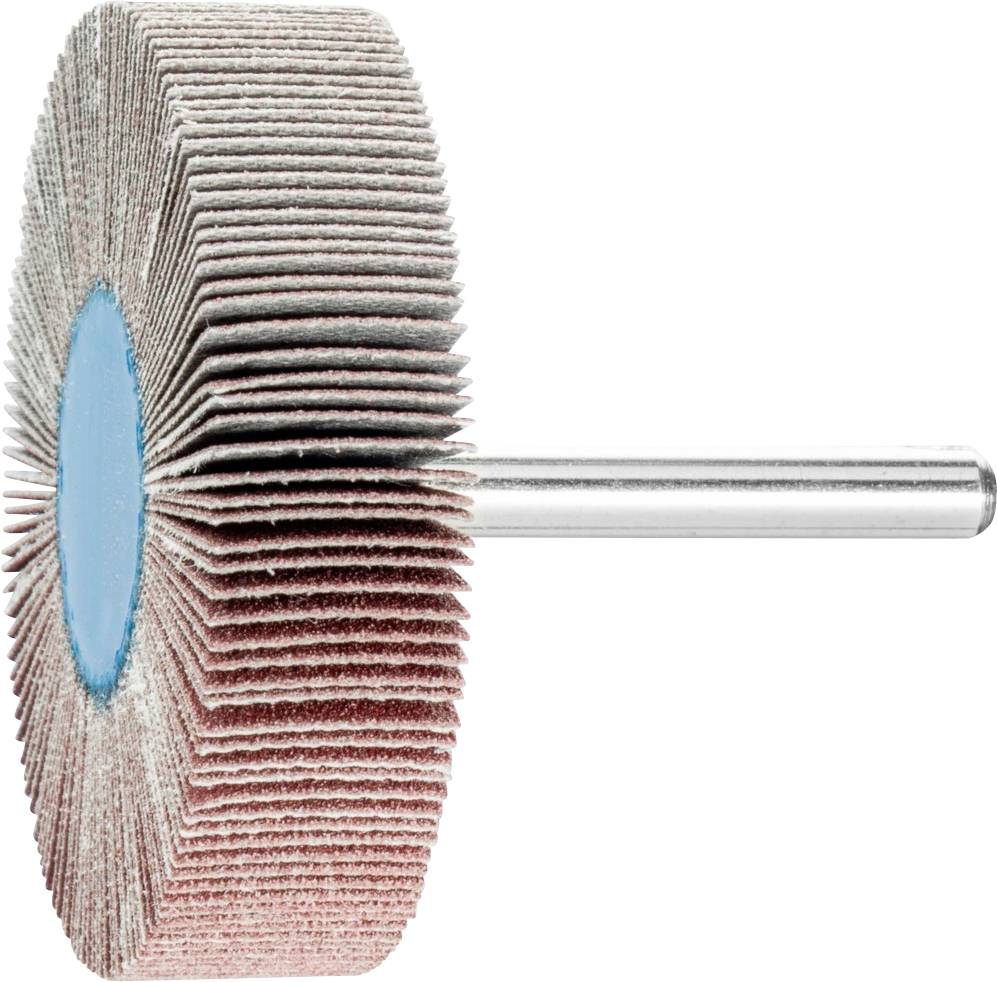 Un outil de ponçage avec des lamelles abrasives disposées radialement et une tige métallique, souvent utilisé pour la finition fine dans l'industrie et l'artisanat.