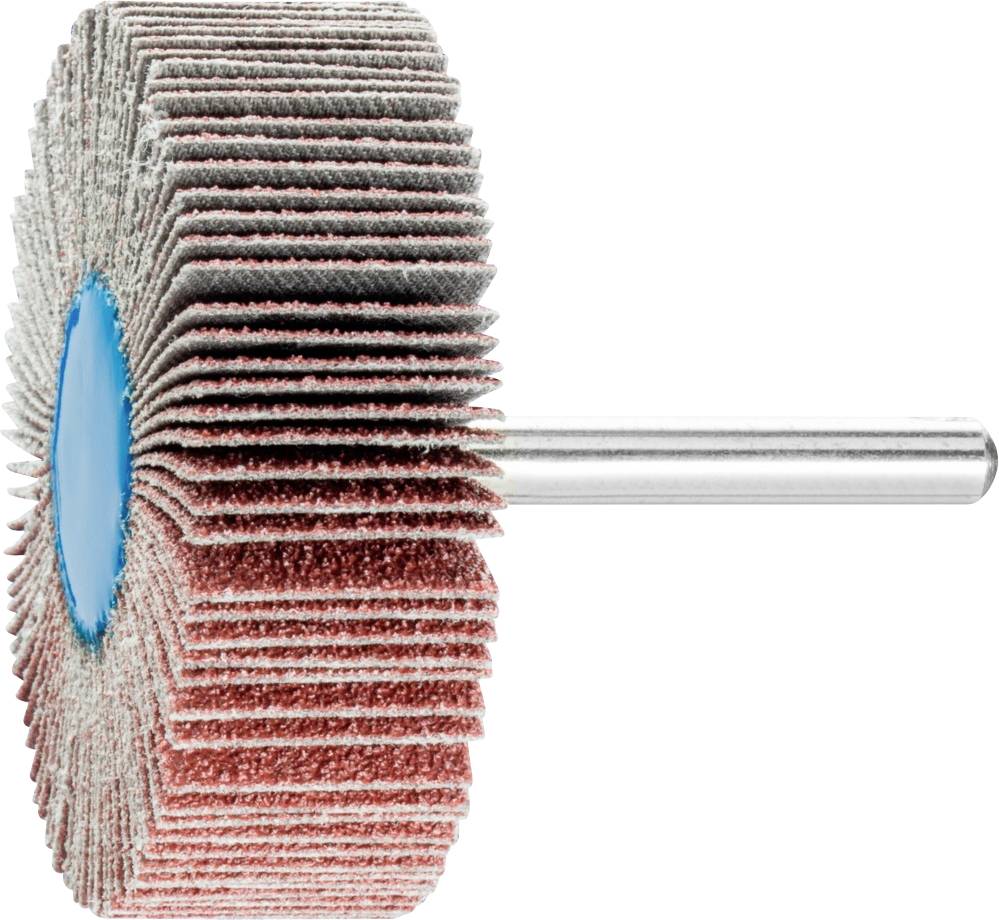 Tampon de ponçage avec plusieurs lamelles de ponçage et une tige métallique pour la connexion à un outil, adapté au traitement de surface.